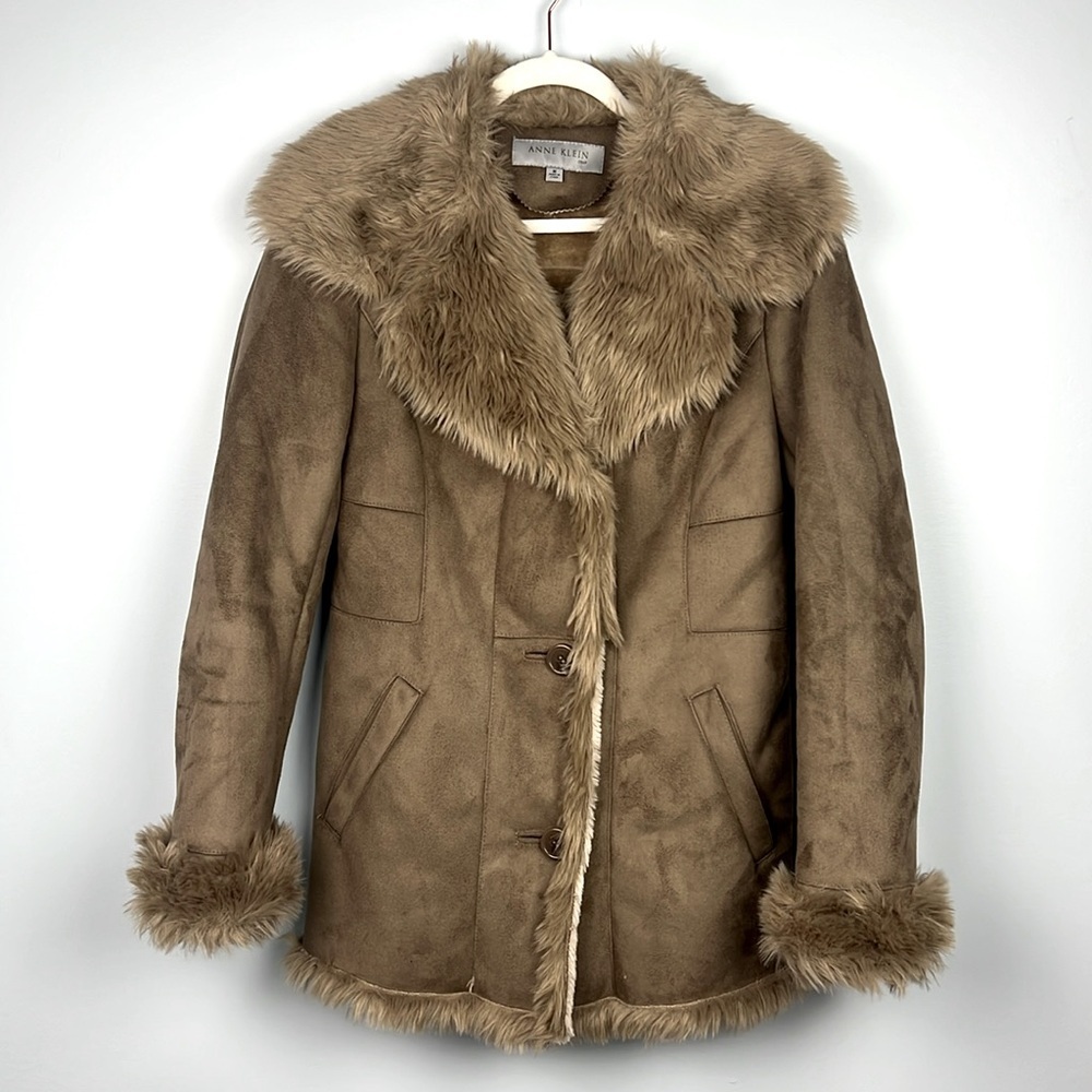 Anne Klein vintage faux fur lined faux suede penny lane style coat size medium